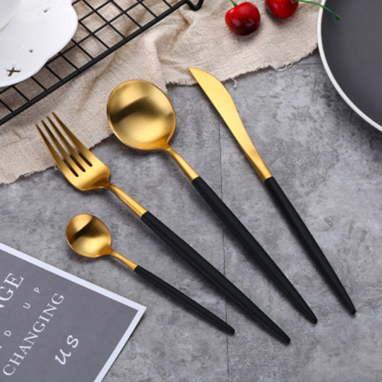 Kitchen Matte Gold Silverware Set With Black Handle